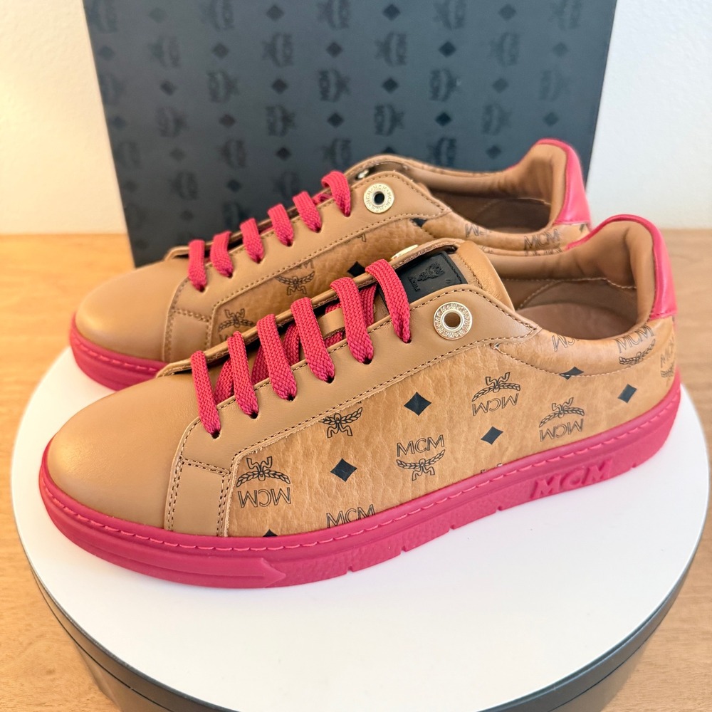 MCM Womens Cognac/Red Visetos Leather Terrain Sneakers Shoes MESCSMM01, Sz 36